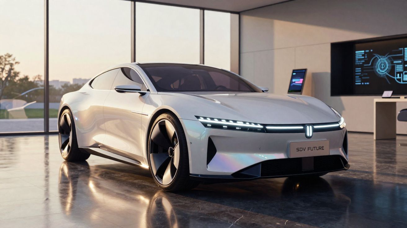 Carro elétrico futurista branco exibido em sala moderna com grandes janelas e chão reflexivo.