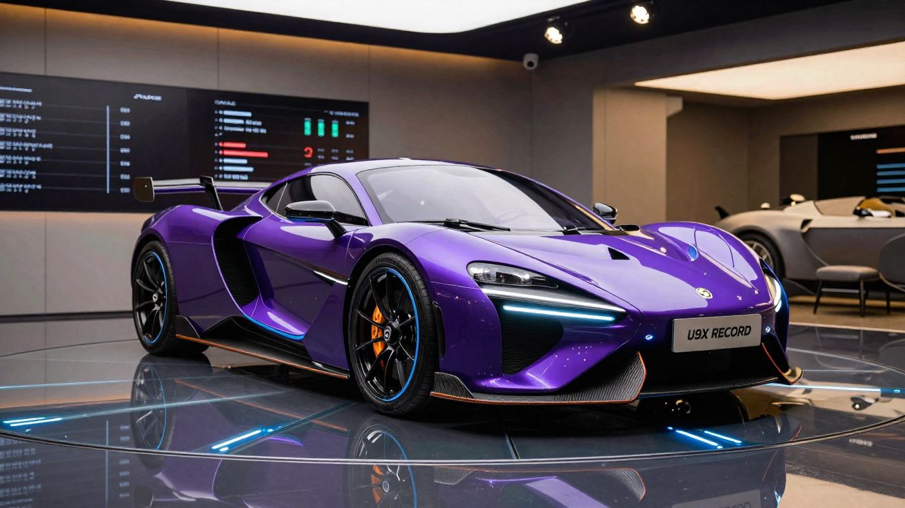 Carro desportivo McLaren U9X Record roxo exposto em salão moderno com iluminação LED no chão.