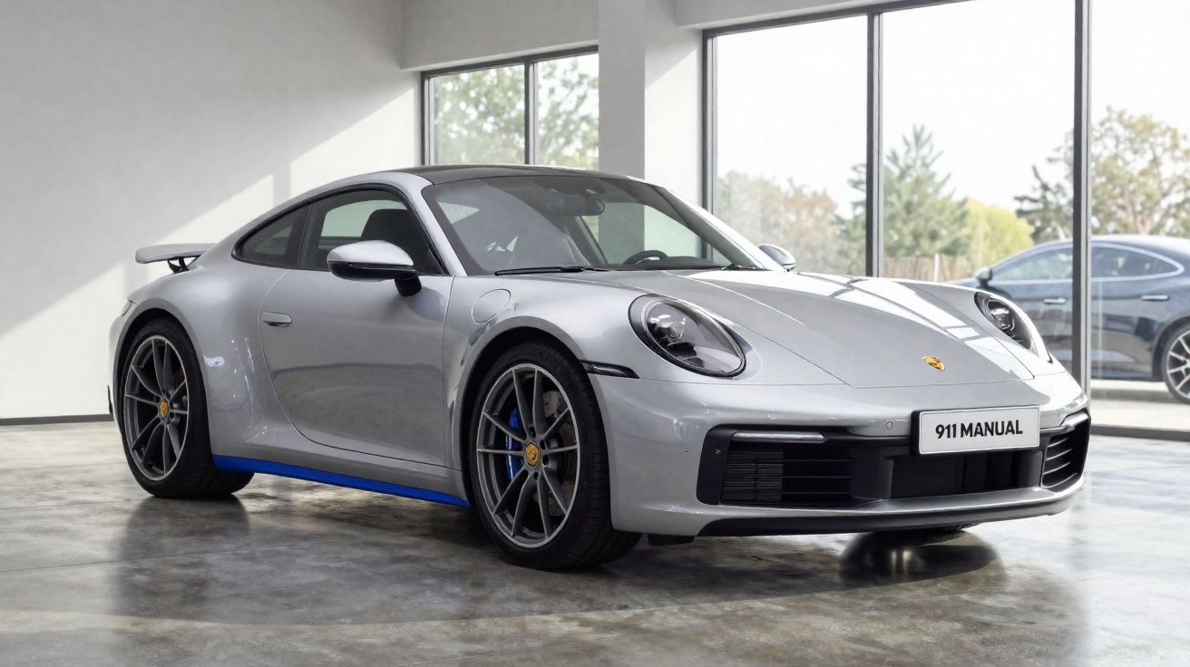 Automóvel desportivo Porsche 911 prata estacionado num espaço interior com janelas amplas.