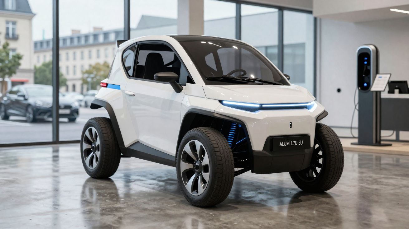 Carro elétrico compacto branco estacionado em interior moderno com carregador de bateria ao fundo.