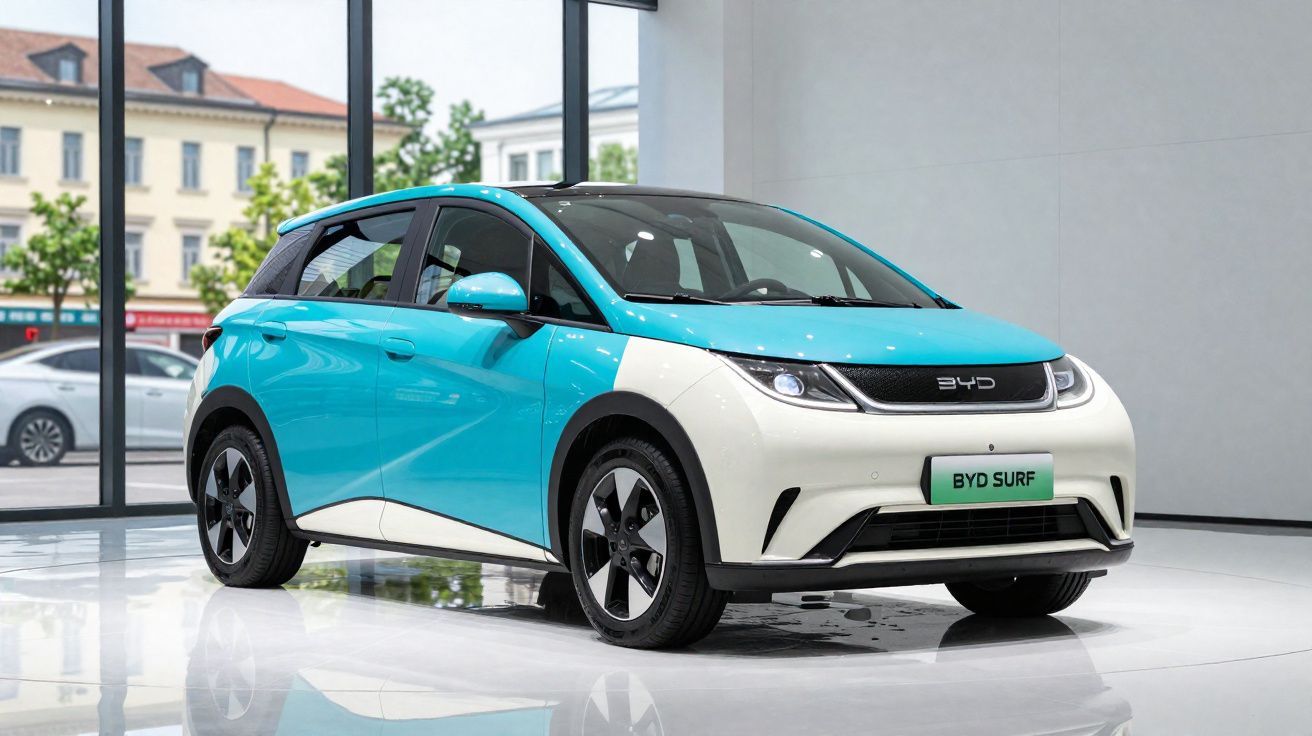 Carro elétrico BYD Surf azul e branco exposto numa sala com grandes janelas e piso branco.