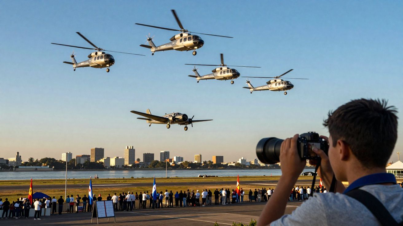 Criança a fotografar desfile aéreo com helicópteros e avião sobre rio, com público e cidade ao fundo.