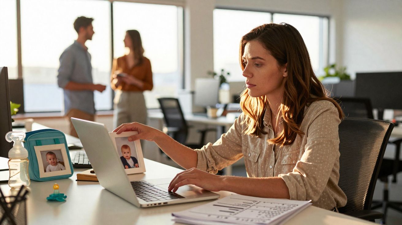 Mulher a trabalhar no computador no escritório, segurando uma moldura com fotografia de bebé, colegas ao fundo.