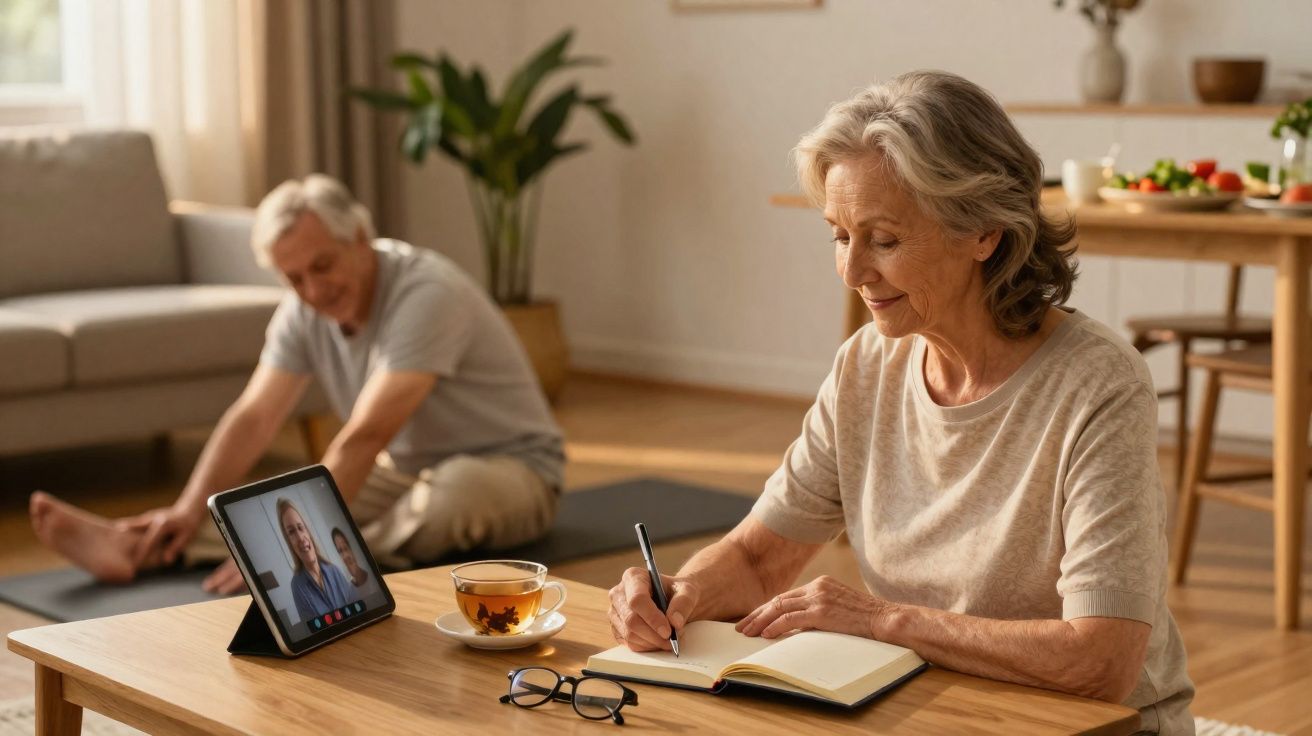 Mulher idosa a escrever num caderno enquanto faz videochamada, homem idoso alonga-se ao fundo na sala.