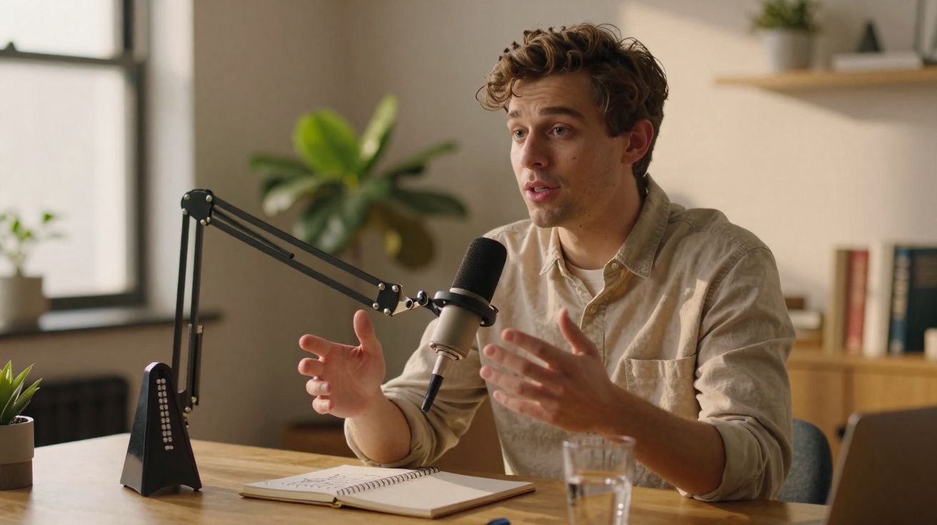 Homem a falar num microfone de estúdio, gesticulando com as mãos, sentado numa mesa com caderno aberto e copo de água.