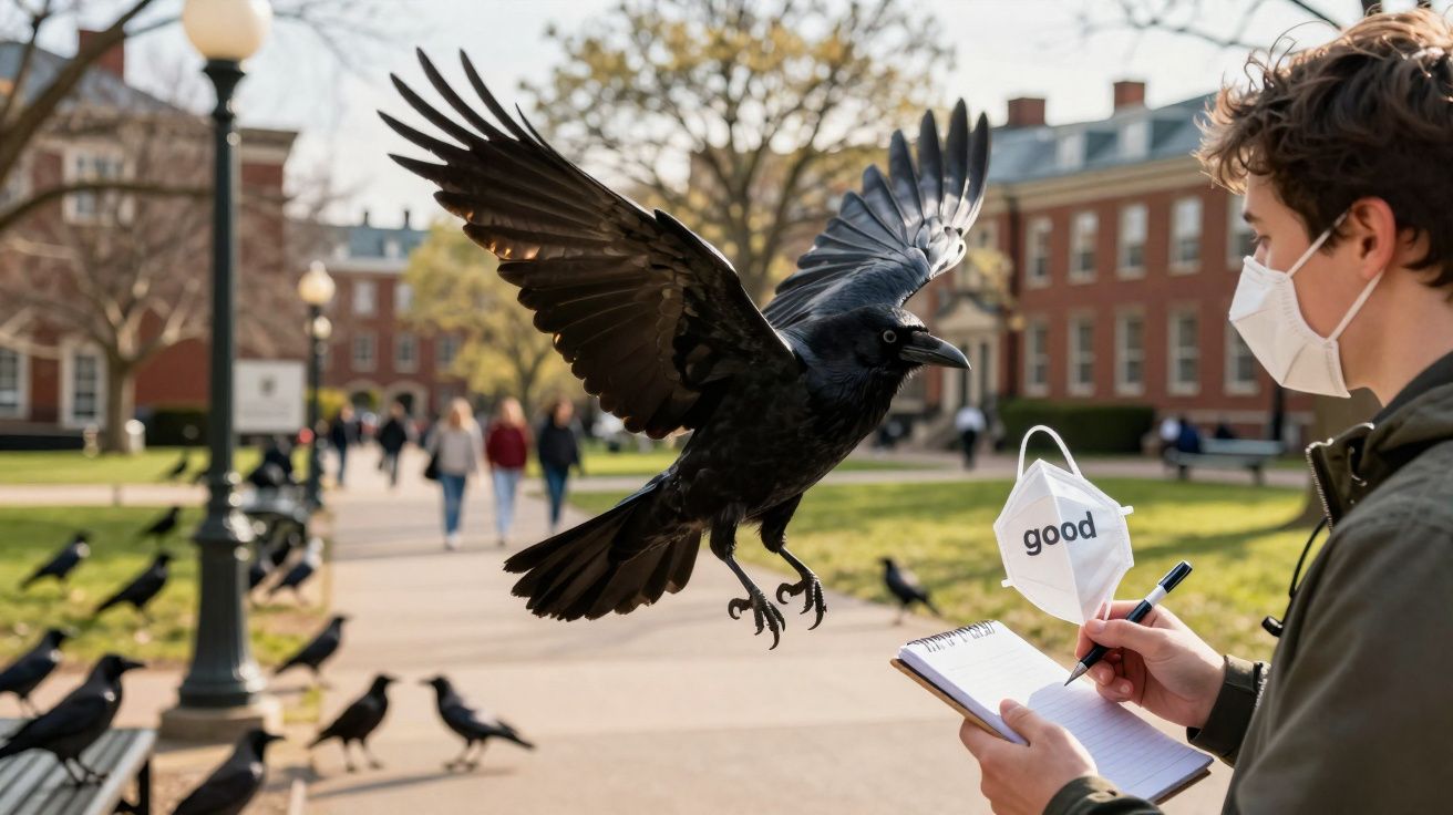 Pessoa com máscara escreve num caderno enquanto tentam roubar máscara pendurada em laço, com corvo em voo.