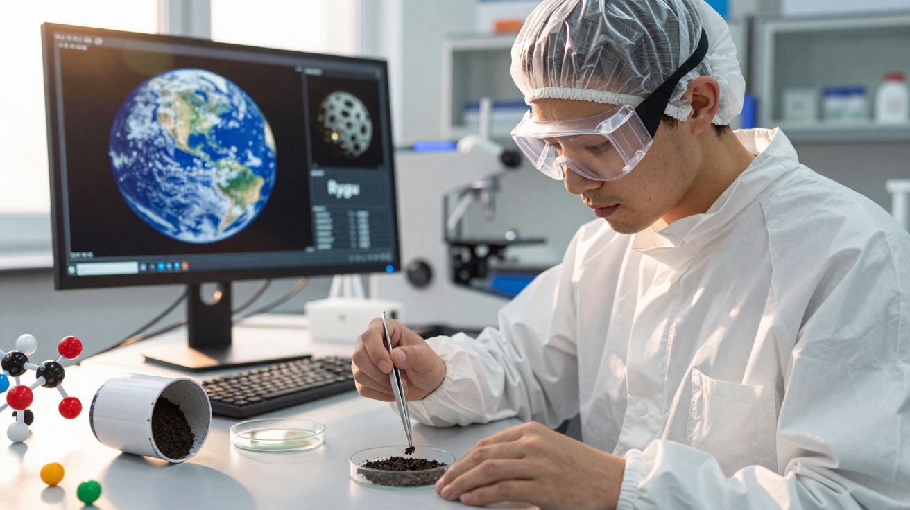 Cientista em laboratório a analisar amostras em placa de petri com microscopio e computador ao fundo.