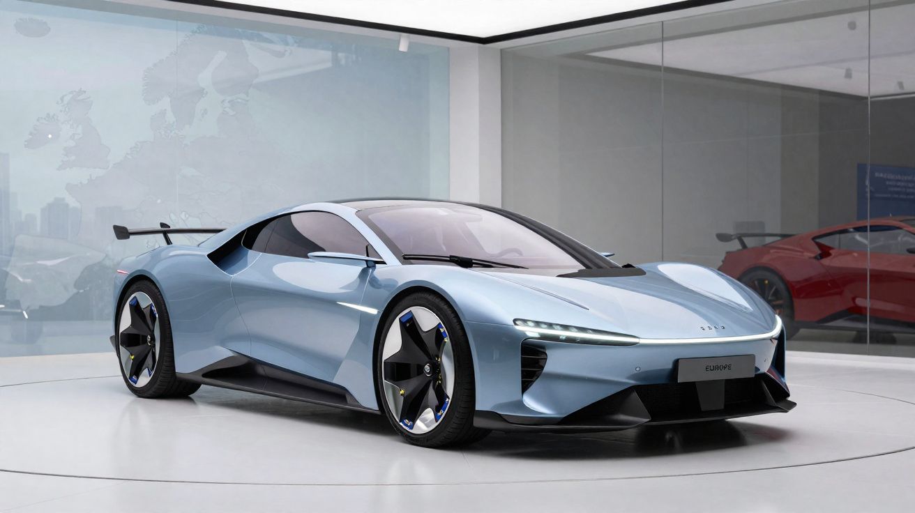 Carro desportivo elétrico azul claro exposto em sala moderna com grandes janelas de vidro e fundo cinzento.