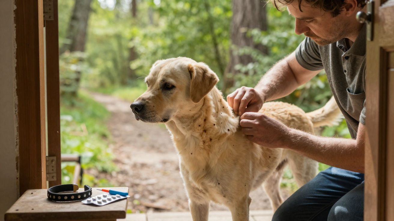 Homem remove carrapatos do pelo de um cão Labrador junto à porta de casa em ambiente natural.