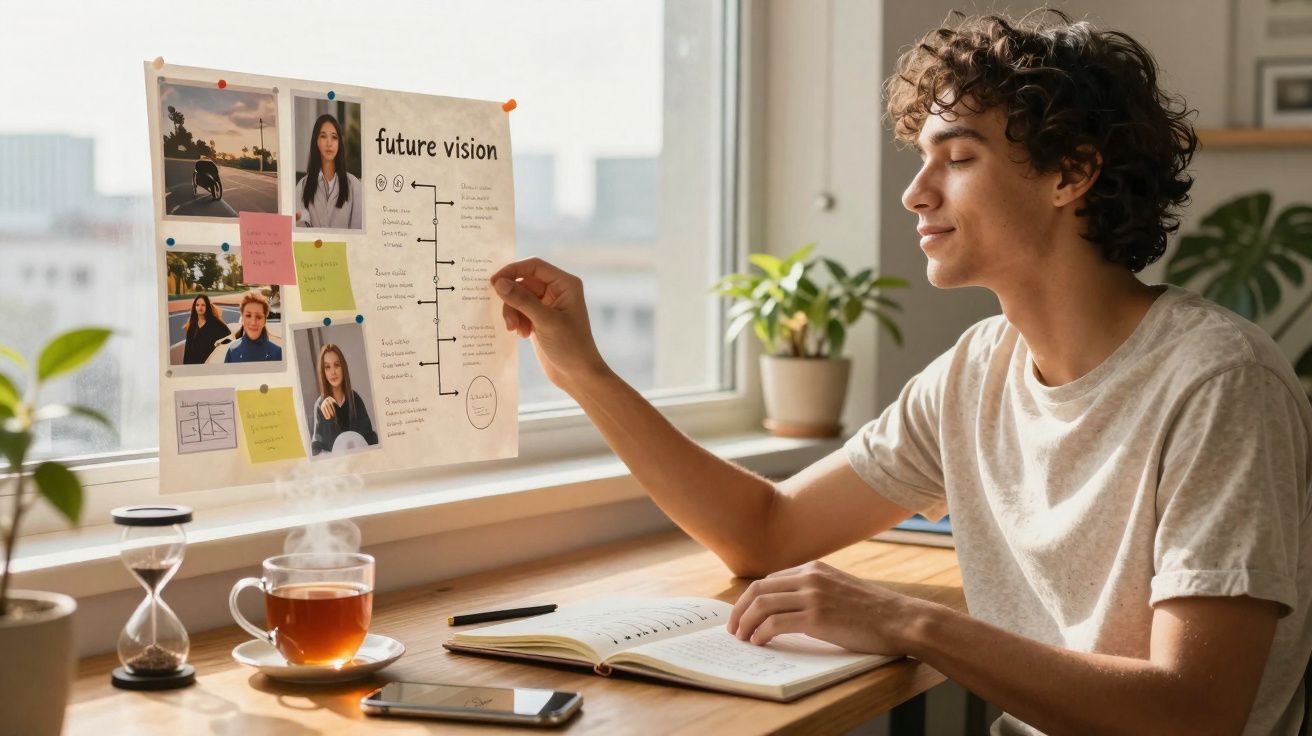 Jovem sentado junto a janela lê plano "future vision" com fotos, notas e timeline, enquanto toma chá quente.