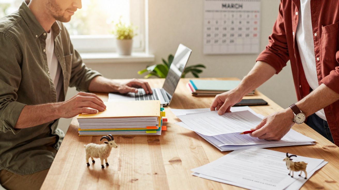 Duas pessoas a trabalhar numa mesa com documentos, laptop e miniaturas de cabras, ao lado de uma janela.