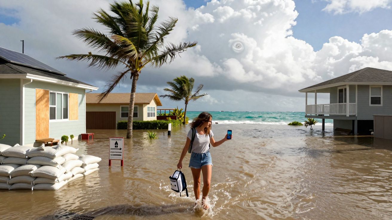 Mulher caminha em área inundada junto a casas elevadas e sacos de areia sob céu nublado com mar agitado ao fundo.