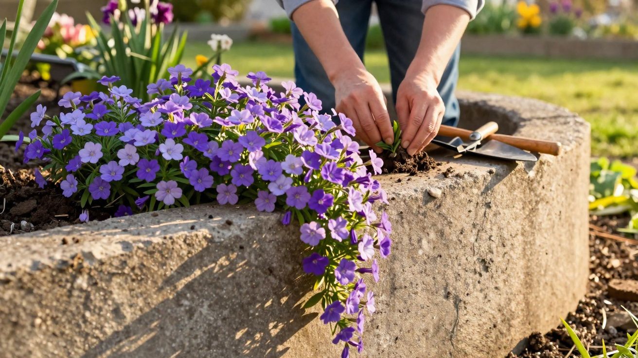 Mãos a plantar flores roxas num canteiro de jardim de pedra com ferramentas de jardinagem por perto.
