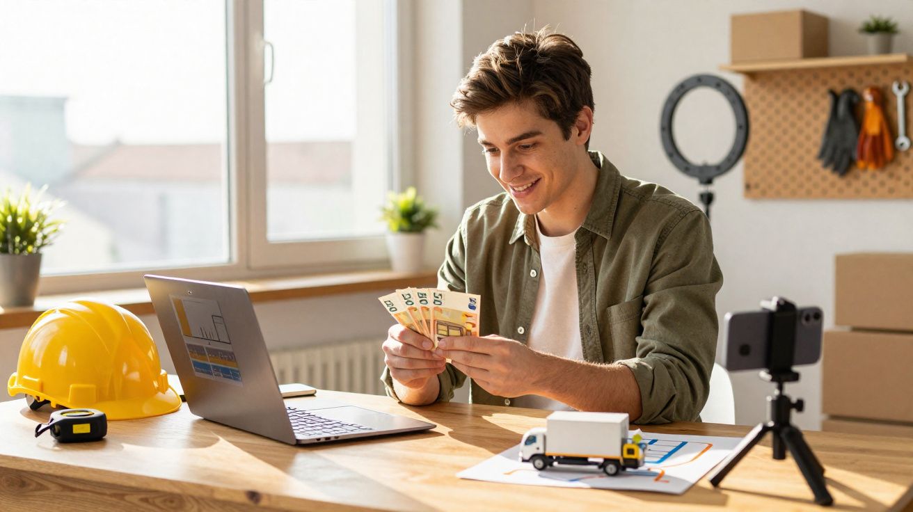 Homem sorridente conta notas de euro, sentado numa mesa com computador, capacete e miniatura de camião.