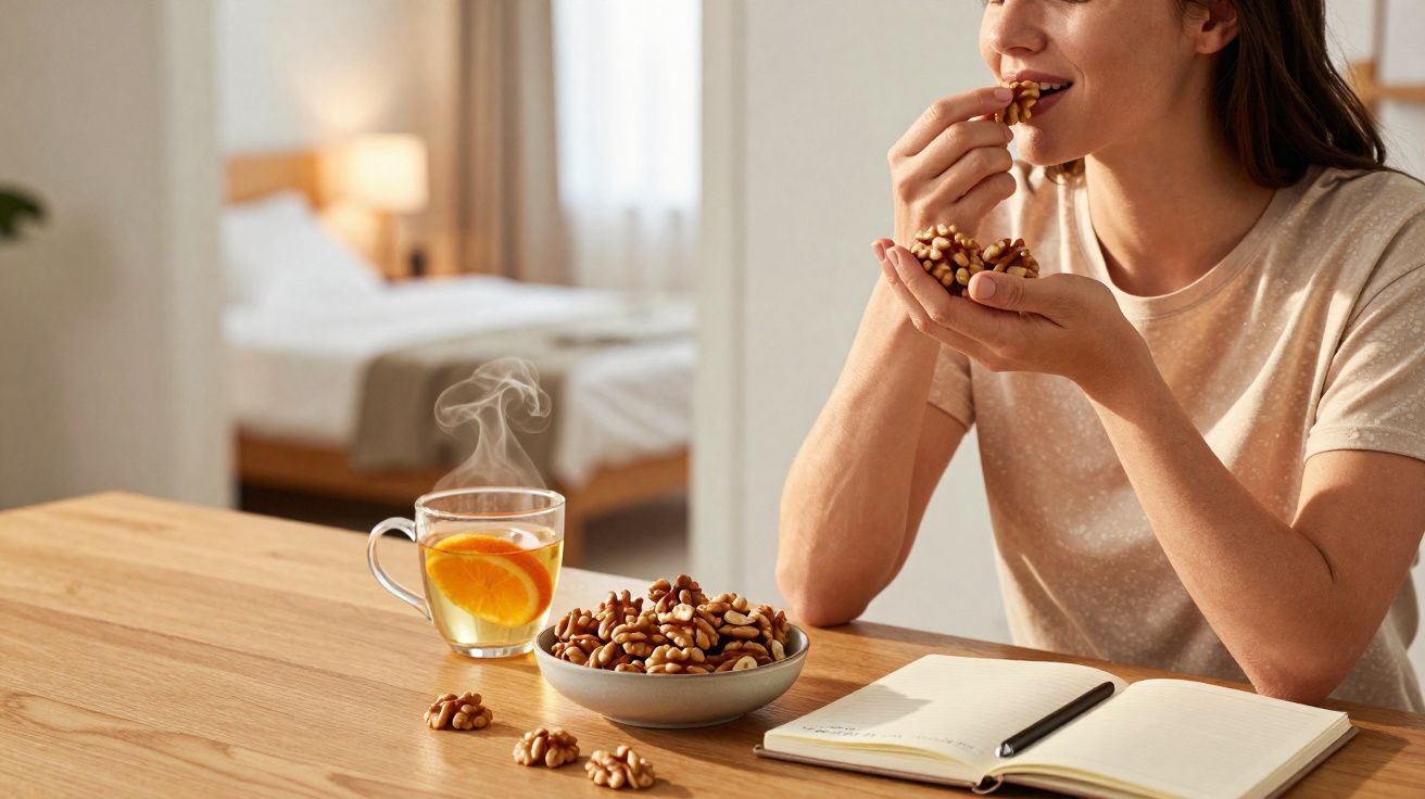 Mulher a comer nozes junto a chá com fatias de laranja e caderno aberto numa mesa de madeira.