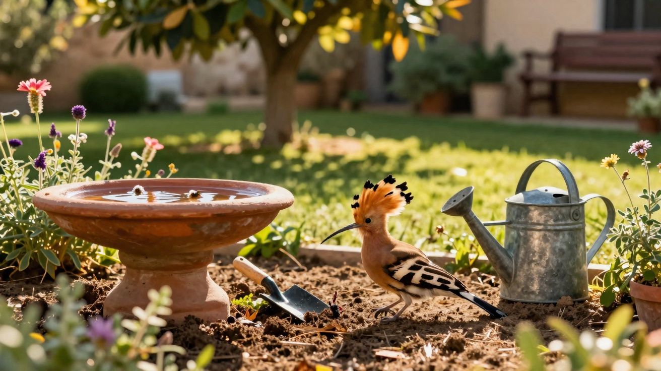 Pássaro chapim-laranja no jardim junto a vaso com água, regador e pequenas flores.