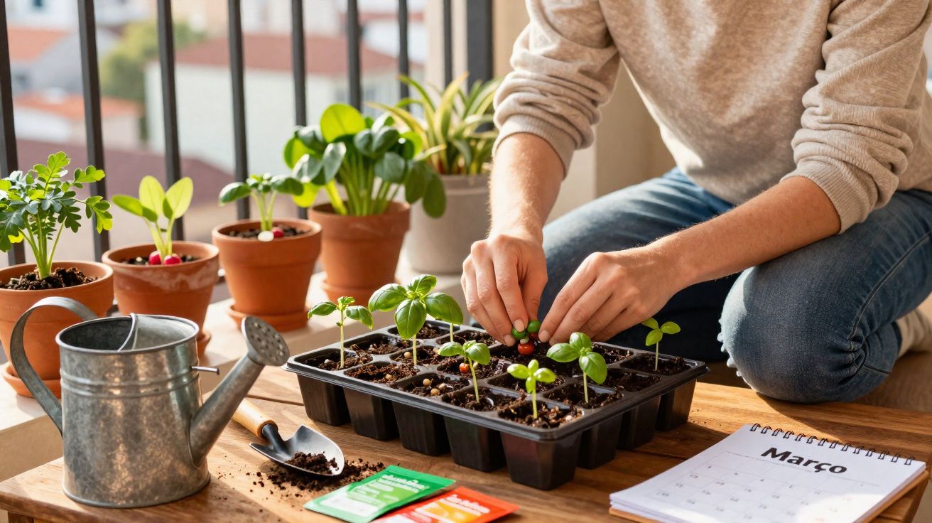 Pessoa a plantar sementes em tabuleiro de mudas num espaço interior com várias plantas e ferramentas de jardinagem.