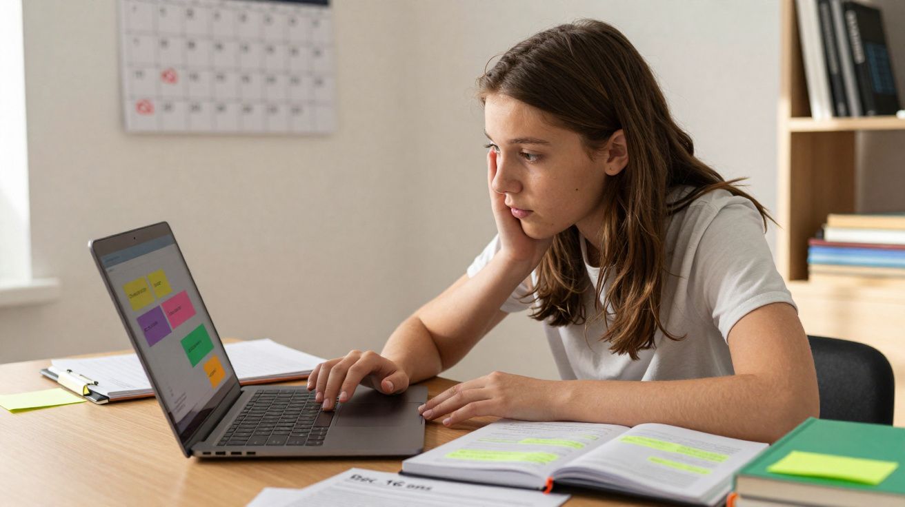 Jovem sentada a estudar com computador portátil e livros abertos numa mesa, concentrada e pensativa.