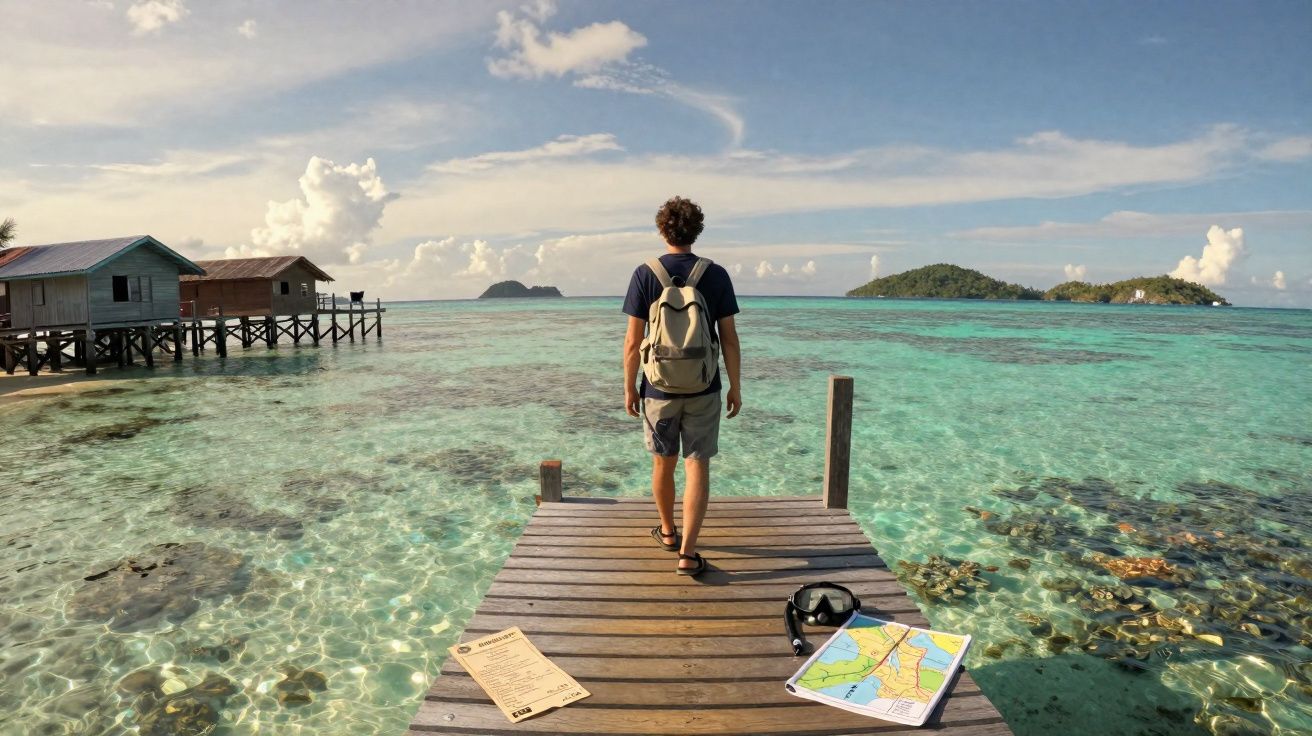 Homem com mochila caminha numa ponte de madeira sobre águas cristalinas rumo a ilhas distantes.