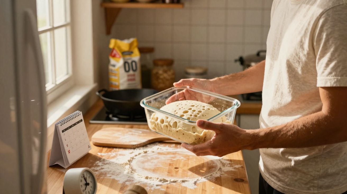 Pessoa a preparar massa com fermentação visível numa cozinha iluminada por luz natural.
