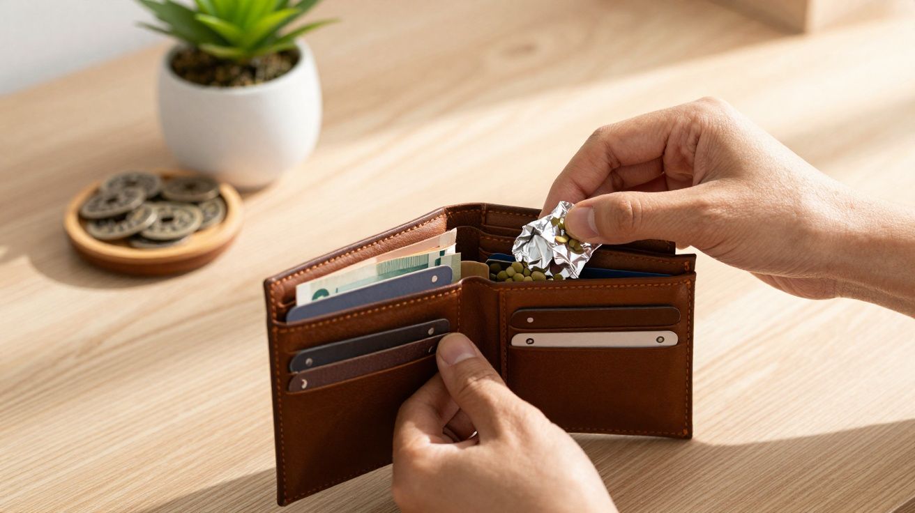 Pessoa a guardar pequenos comprimidos em bolsa de couro castanha sobre mesa de madeira clara.