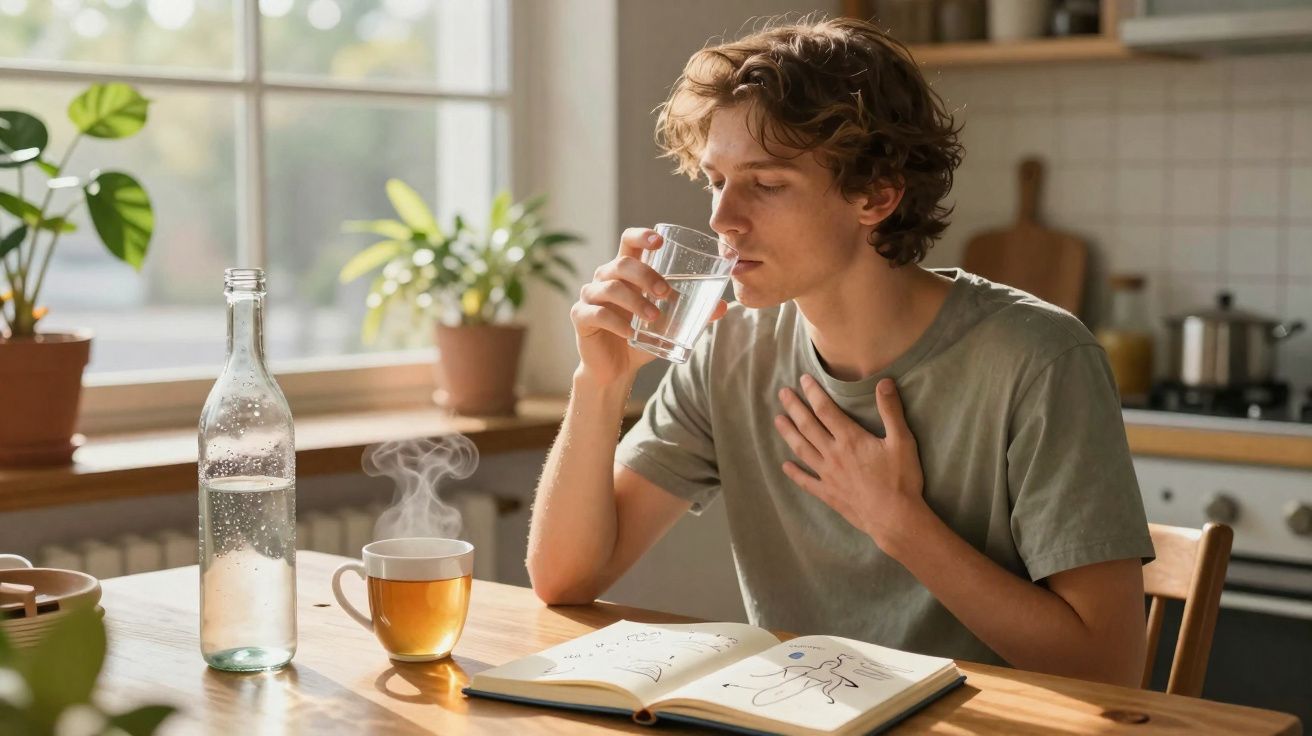 Jovem a beber água com uma mão no peito, sentado numa cozinha com chá e livro aberto à sua frente.