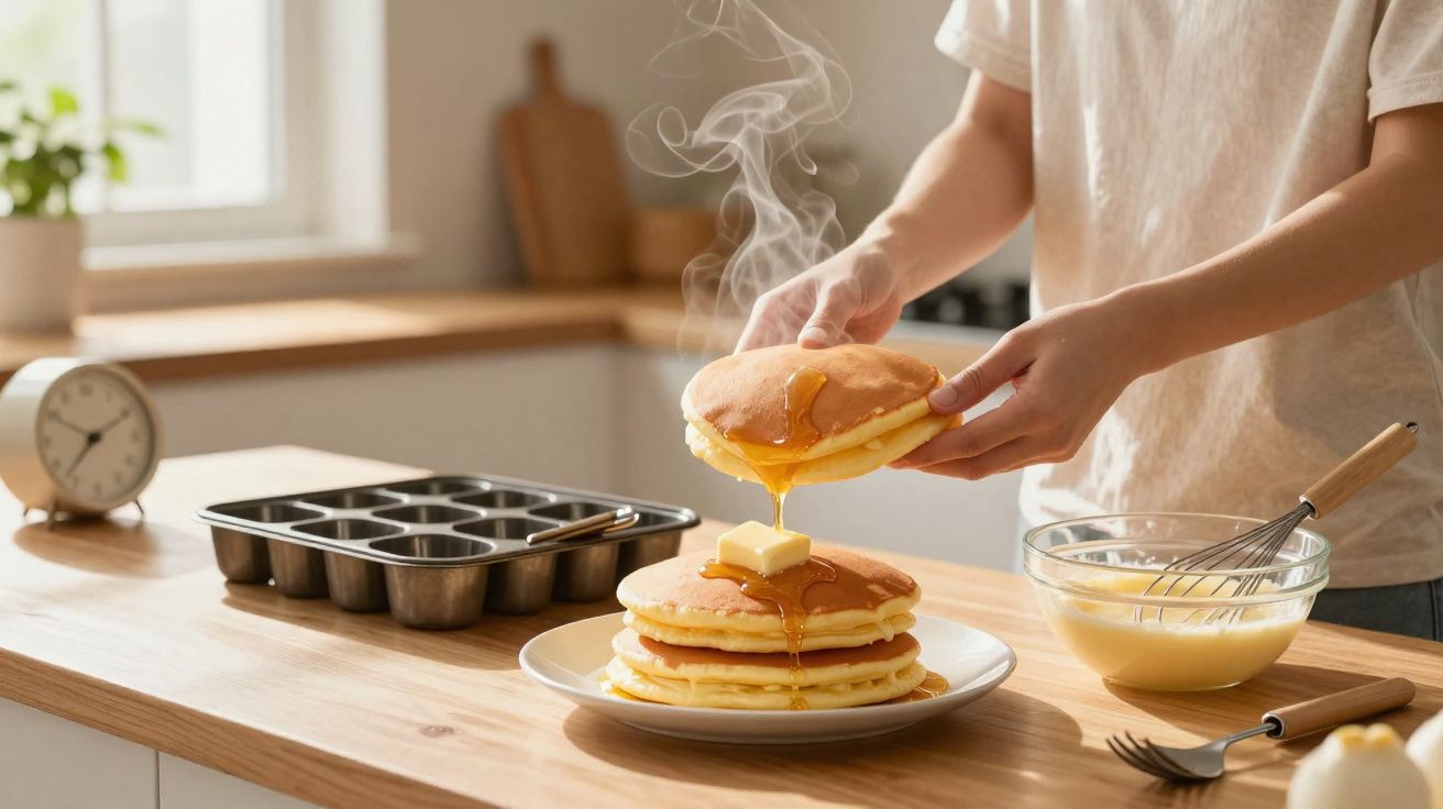 Pessoa a servir panquecas quentes com manteiga e mel numa cozinha iluminada.