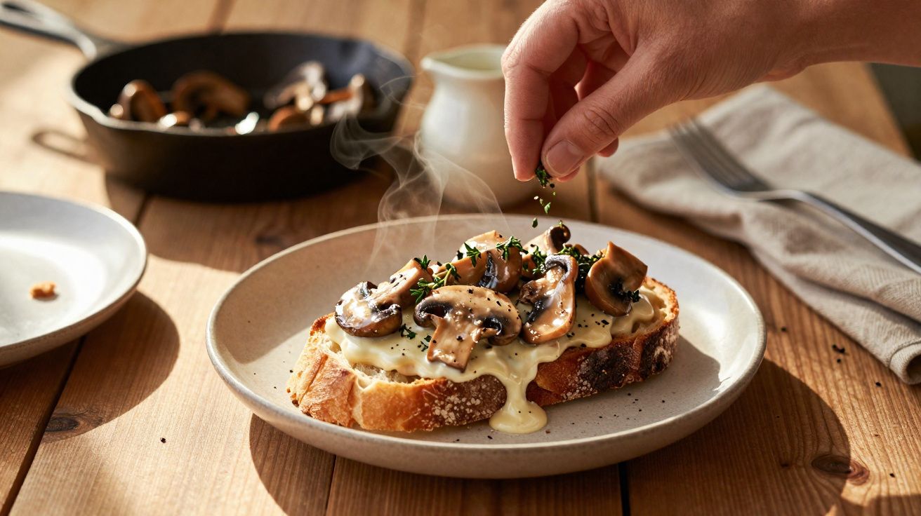 Tosta de pão com molho cremoso e cogumelos salteados, temperada com ervas frescas.