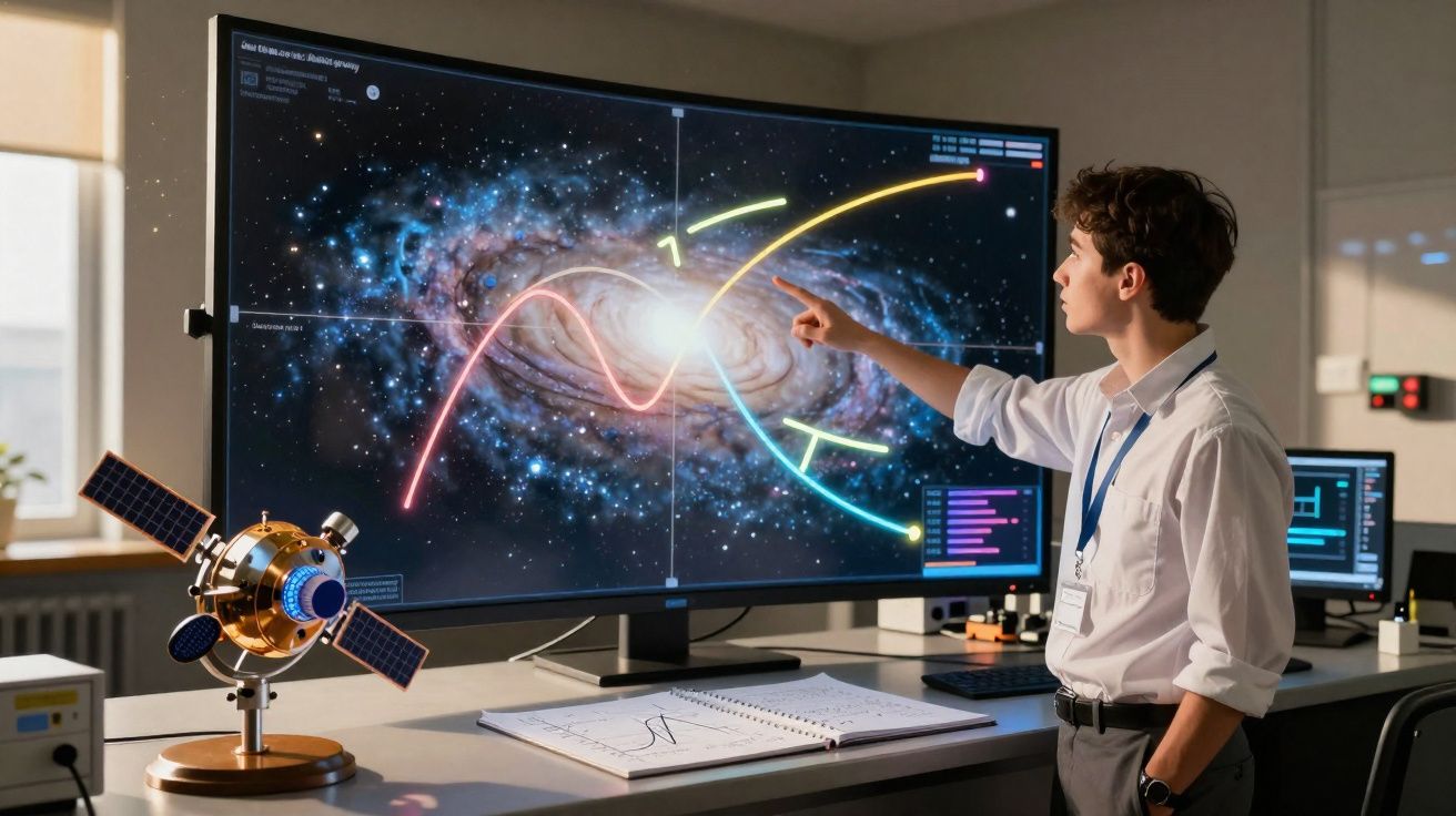 Jovem em laboratório interage com modelo digital de galáxia exibido em ecrã grande, com satélite ao lado.