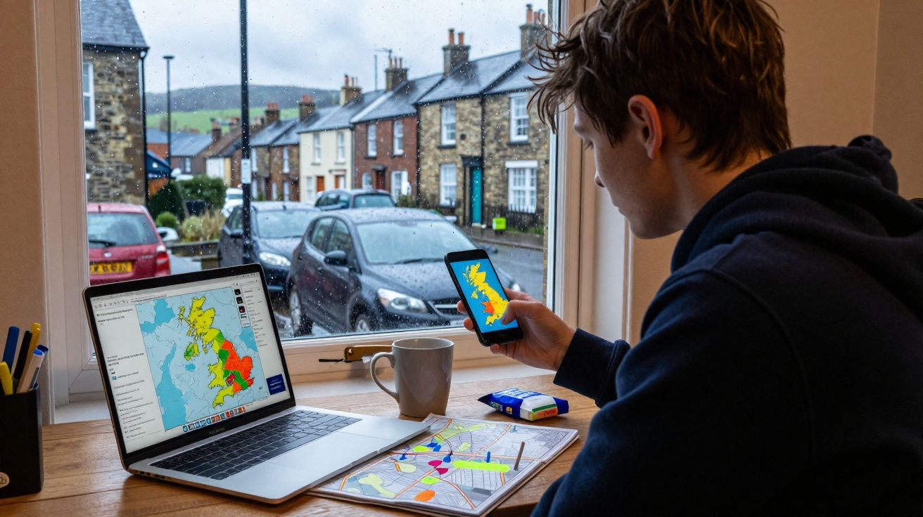 Pessoa a ver mapas das regiões do Reino Unido no telemóvel e no computador, numa mesa junto à janela.