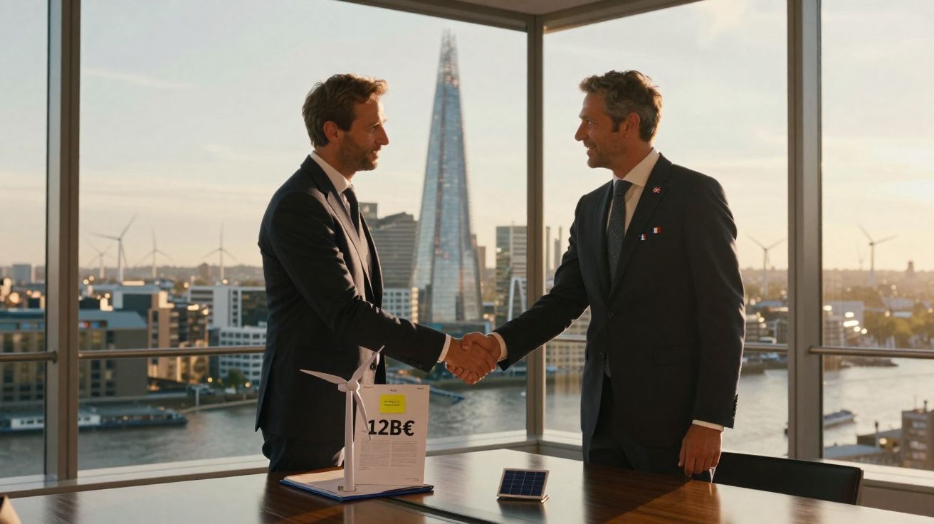 Dois homens de fato cumprimentam-se com aperto de mão junto a uma mesa, com vista para a cidade e modelos de energia renováve