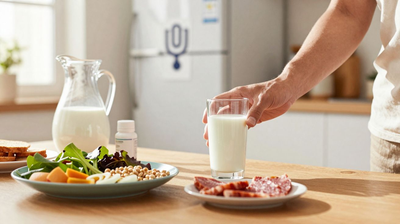 Mão a pegar copo de leite numa mesa com pratos de salada, queijo, fiambre e jarro de leite ao fundo.