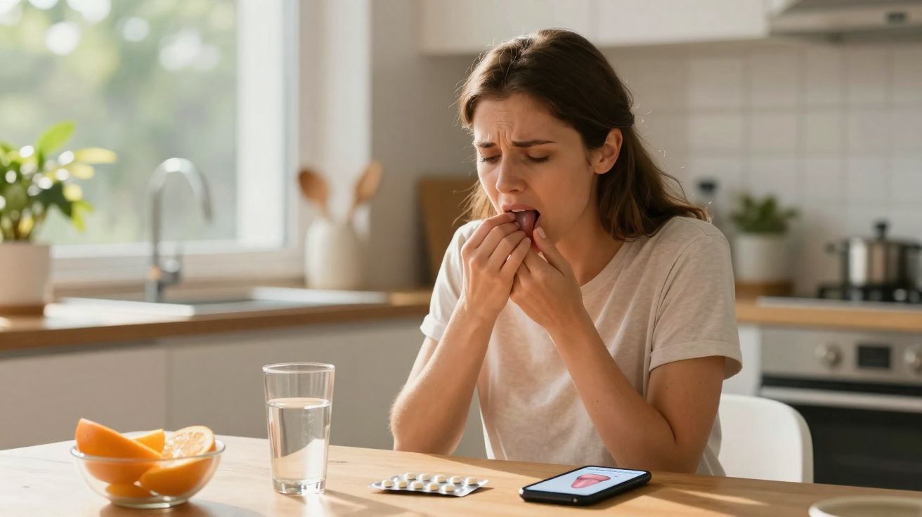 Mulher a sentir dor de garganta a tomar comprimido numa cozinha moderna com frutas e água na mesa.