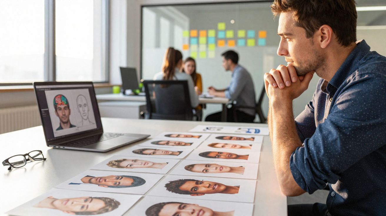 Homem analisa fotografias de rostos dispostas em mesa num escritório com colegas ao fundo.