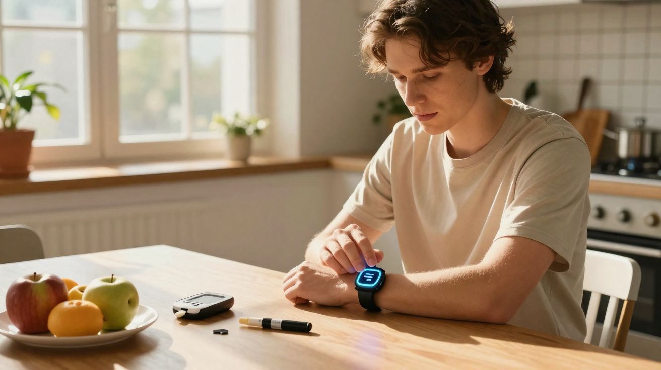 Jovem sentado à mesa a verificar o monitor de glicemia no relógio inteligente numa cozinha luminosa.
