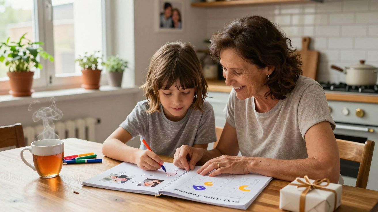 Criança e mulher adulta a desenhar juntas numa cozinha, com chá fumegante numa mesa de madeira.
