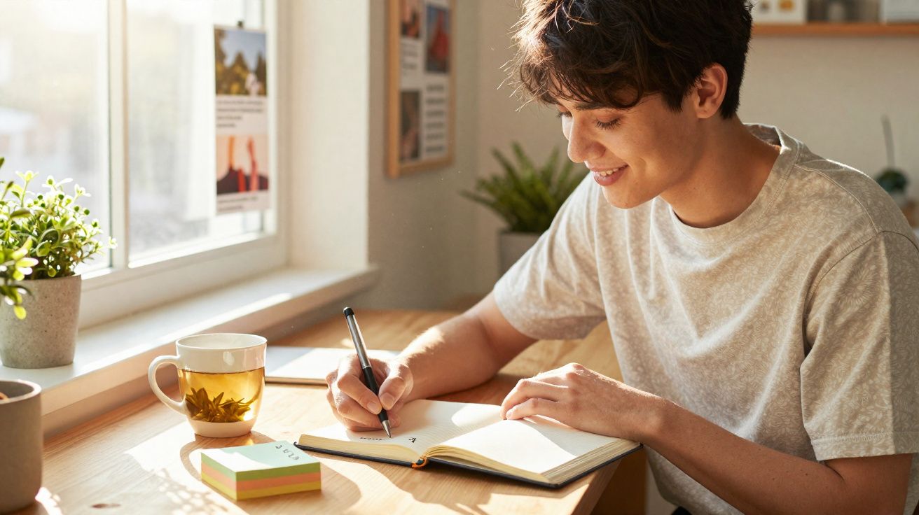 Pessoa sorridente a escrever num caderno junto a uma janela, com chá e plantas na mesa iluminada pelo sol.