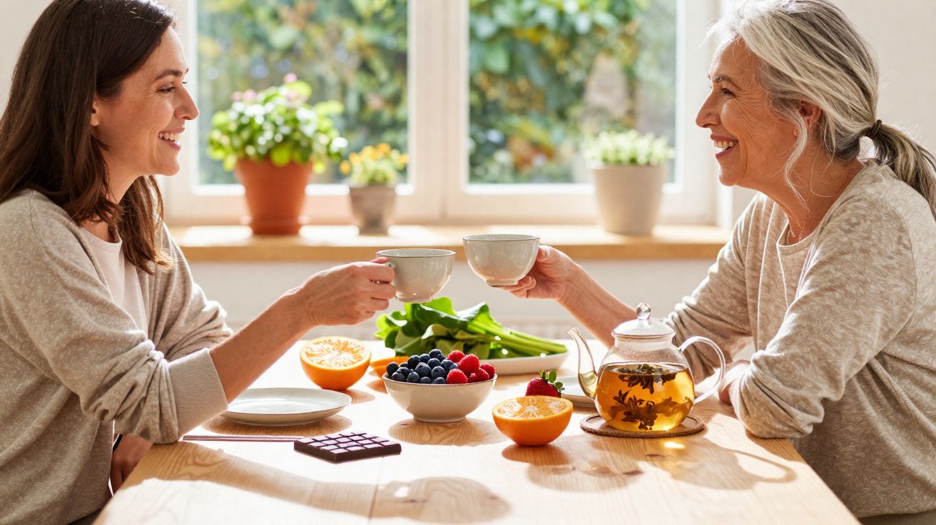 Duas mulheres sorridentes brindam com chá numa cozinha iluminada, com frutas e vegetais na mesa.