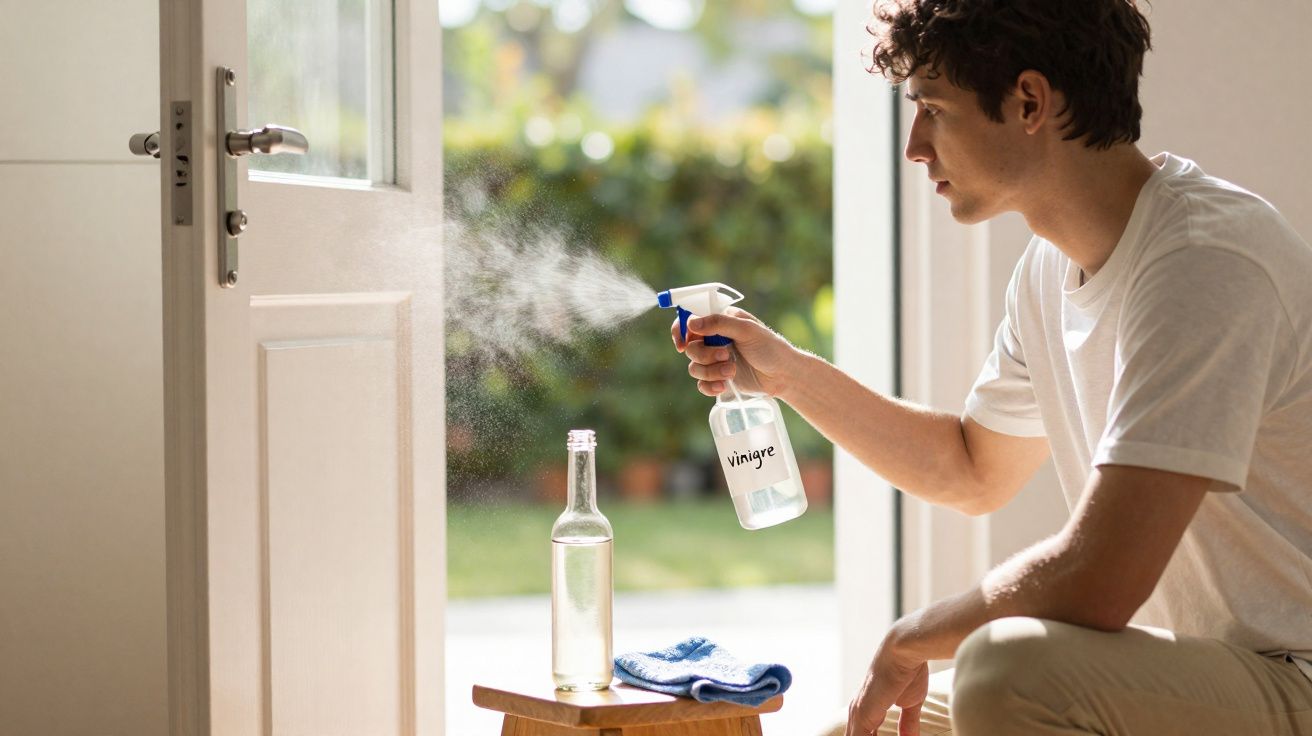 Homem a borrifar vinagre para limpeza numa porta com exterior verde desfocado ao fundo.