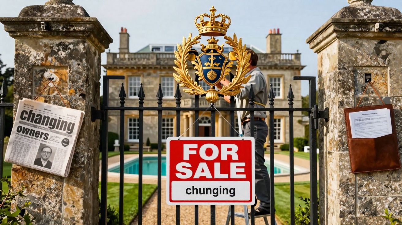 Portão de ferro com placa "For Sale" e jornal "Changing owners" em frente a moradia com piscina.