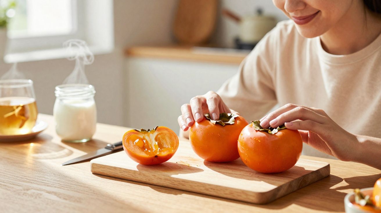 Pessoa a preparar caquis frescos numa tábua de madeira numa cozinha luminosa.