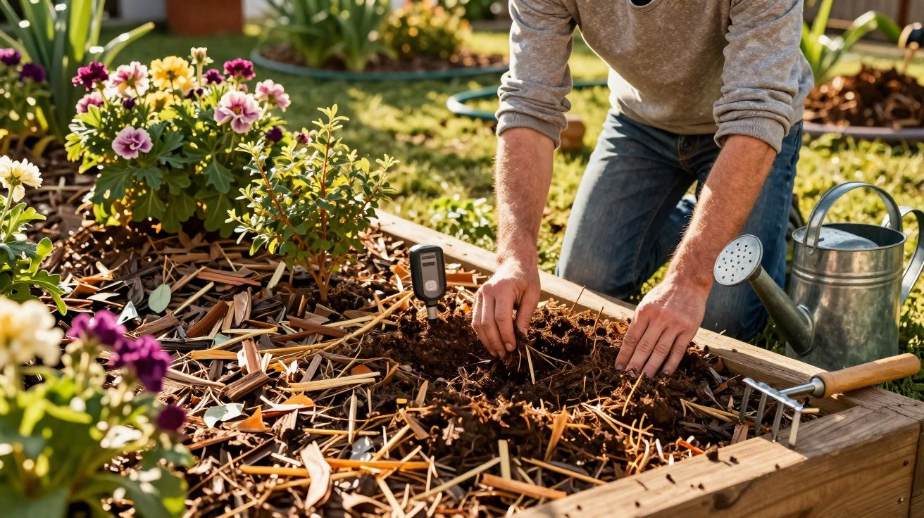 Pessoa a plantar sementes numa horta elevada rodeada de flores coloridas, com regador e ferramentas ao lado.