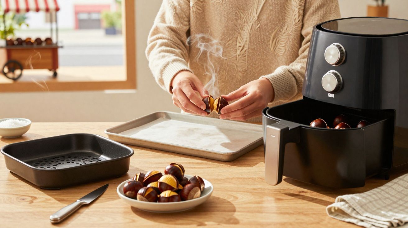 Pessoa a partir castanhas quentes retiradas de fritadeira sem óleo num ambiente de cozinha iluminado natural.