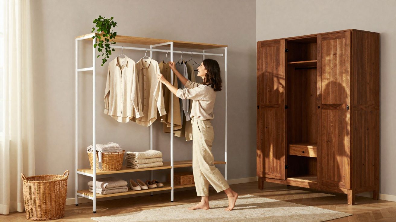 Mulher a organizar camisas num cabide aberto numa divisão luminosa com móveis de madeira.