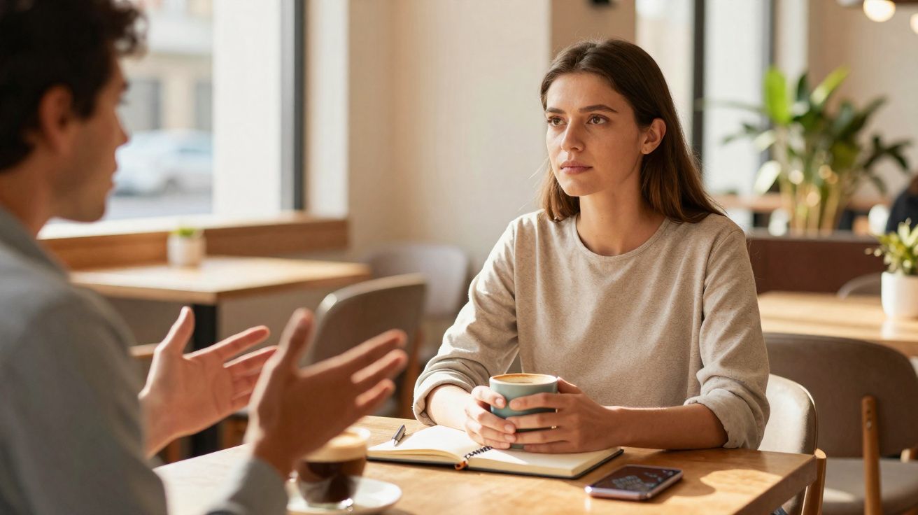 Mulher a ouvir atentamente homem durante conversa num café, segurando uma caneca de café.