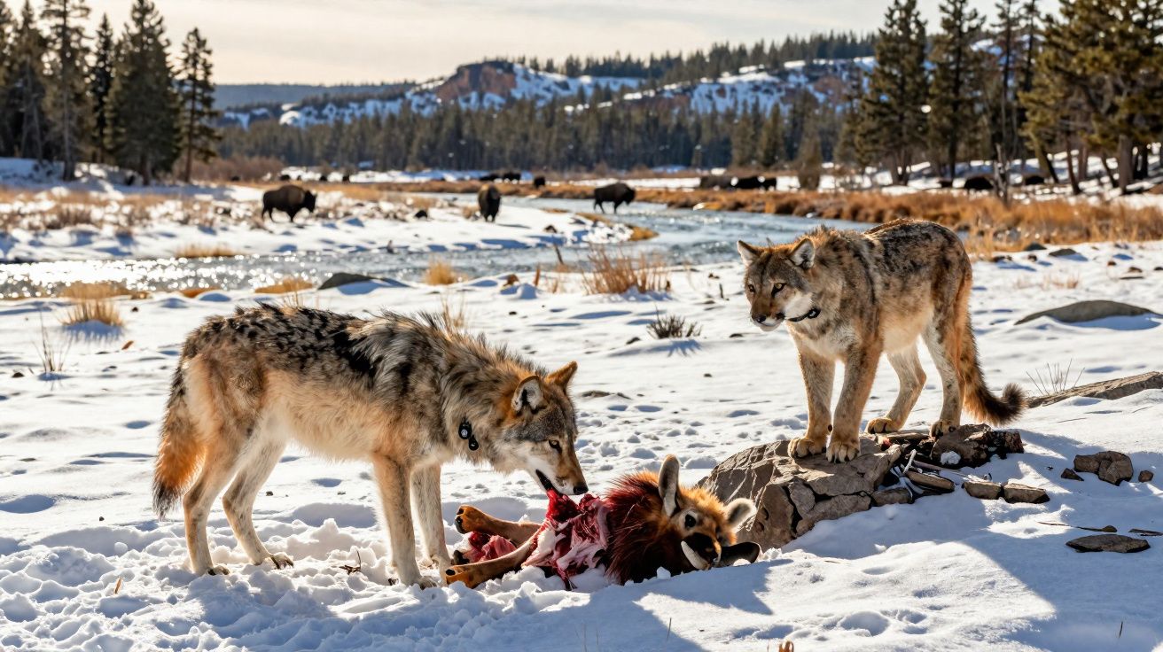 Dois lobos na neve alimentam-se de uma carcaça vermelha com bisontes e floresta ao fundo.