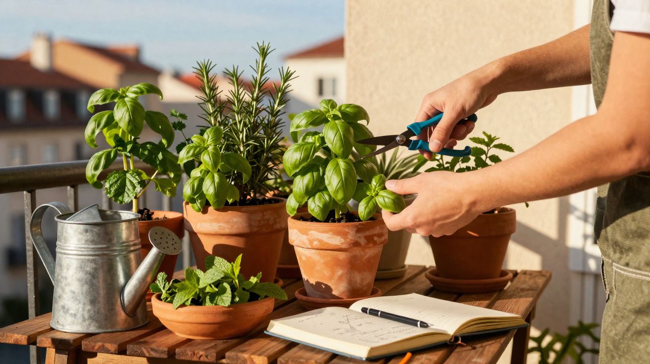 Pessoa a colher folhas de manjericão em vasos no varanda com regador e caderno aberto na mesa.