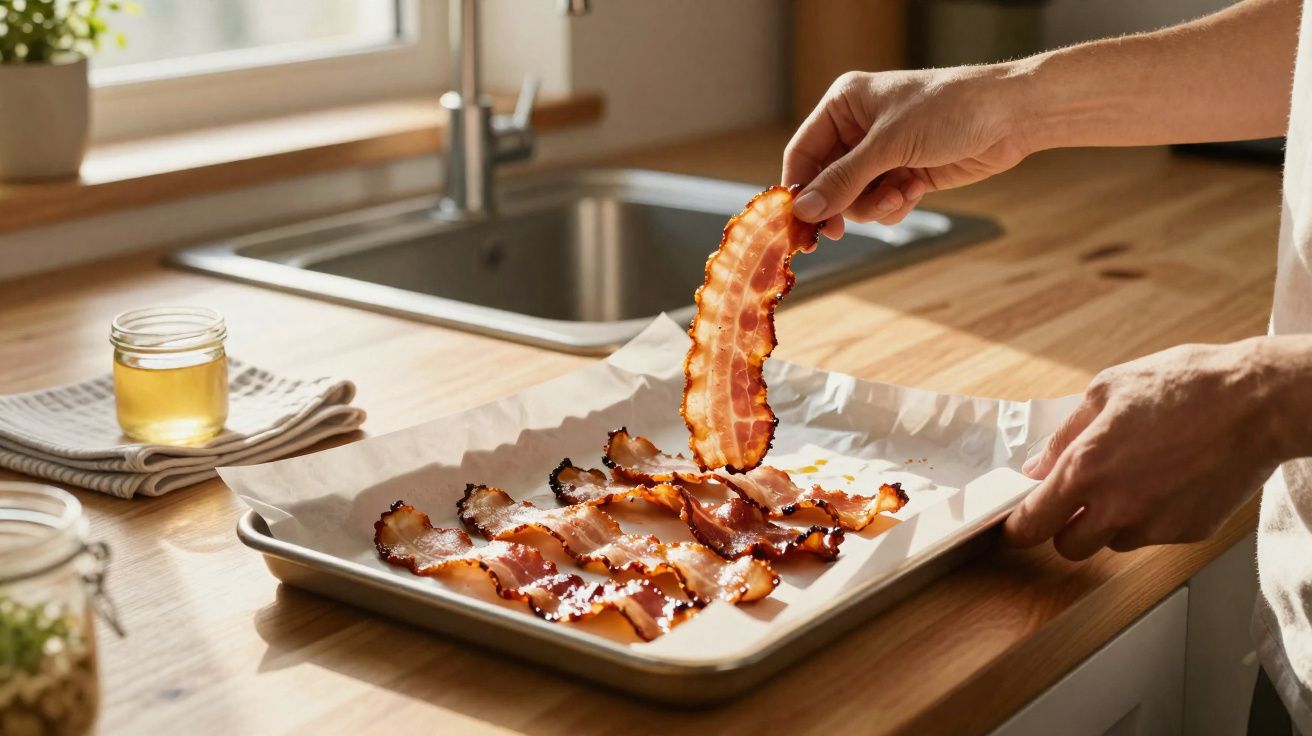 Mãos a levantar fatia de bacon estaladiço de tabuleiro com várias fatias numa cozinha iluminada.