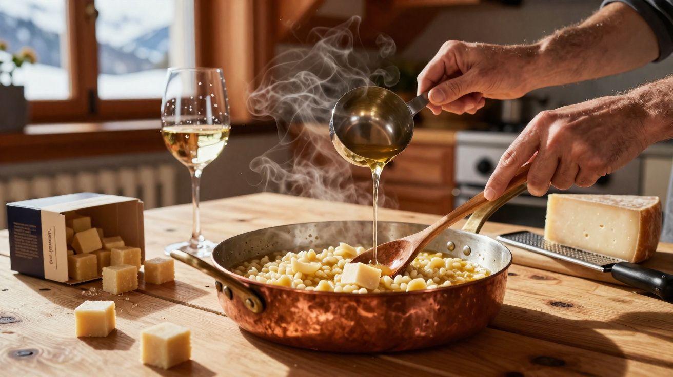 Mão a deitar azeite em panela de massa com queijo, com vinho branco e pedaços de queijo numa mesa de madeira.