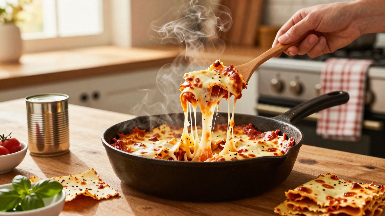 Mão a retirar uma porção fumegante de lasanha com queijo derretido numa frigideira na cozinha.